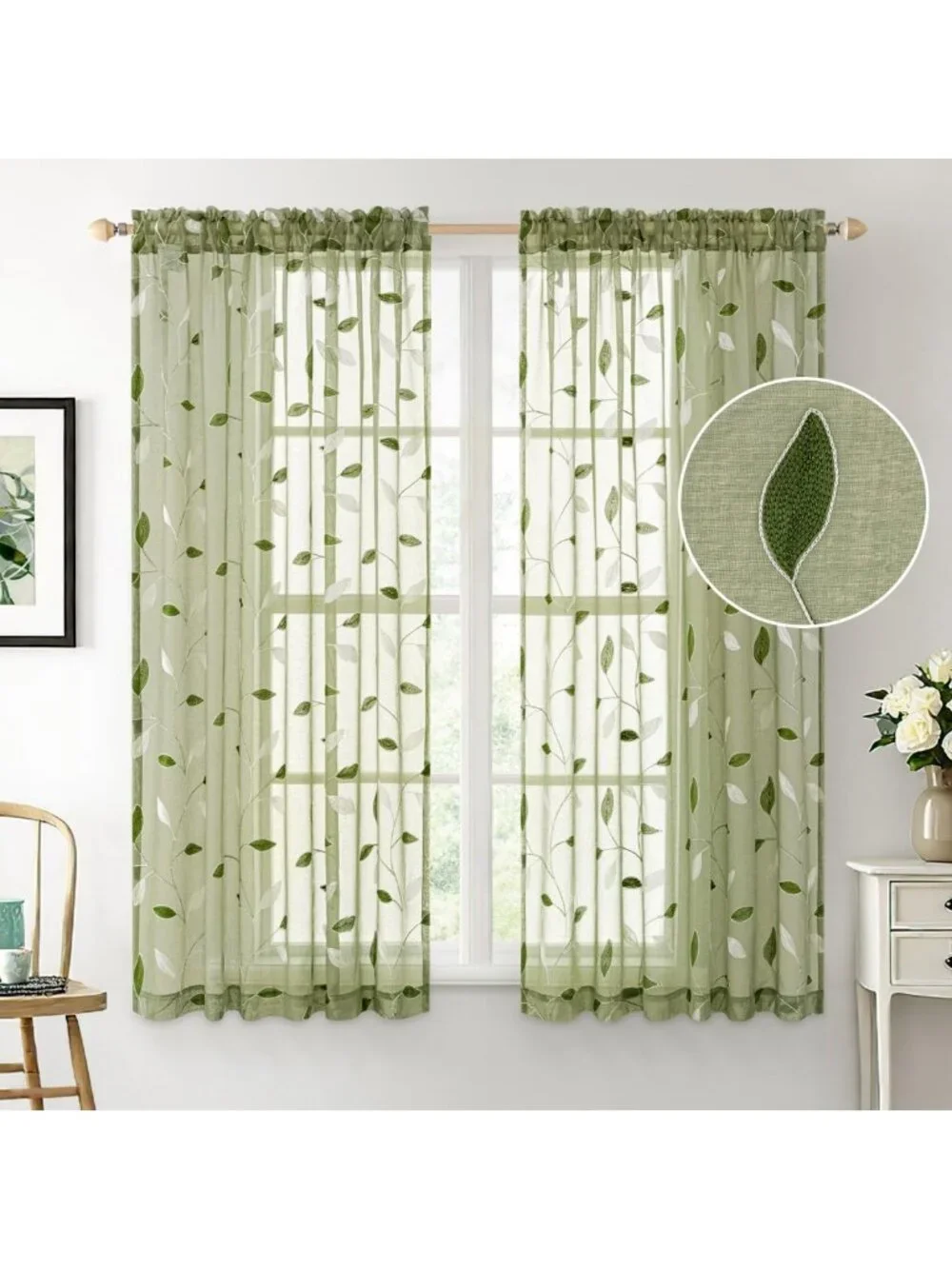 Sage Green Sheer Curtains 2 Panels, Leaf Pattern, Embroidered Floral, Rod